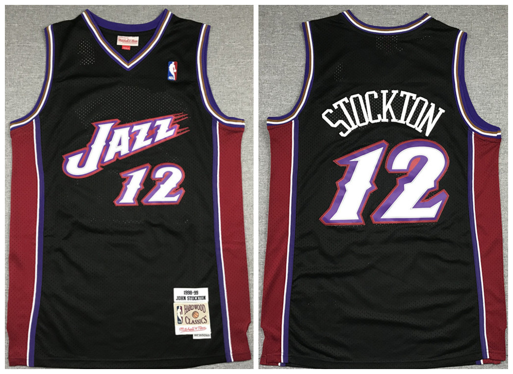 Men's Utah Jazz #12 John Stockton Black 1998-99 Throwback Stitched Jersey