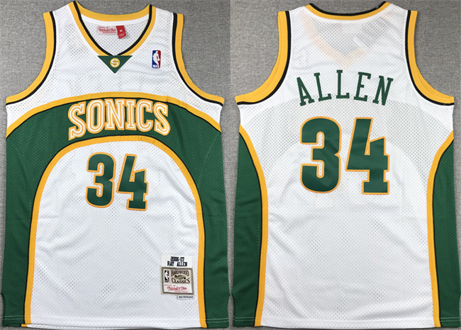 Men's #34 Ray Allen White 2006-07 Throwback SuperSonics Stitched Jersey