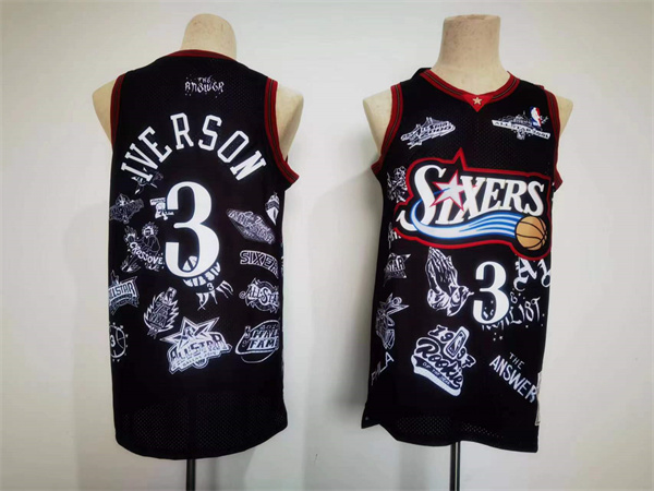 Men's Philadelphia 76ers #3 Allen Iverson Mitchell & Ness Black 1997-98 Hardwood Classics Tattoo Swingman Stitched Basketball Jersey