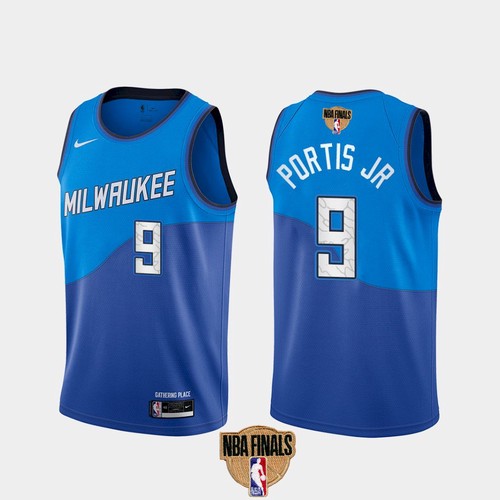 Men's Milwaukee Bucks #9 Bobby Portis JR 2021 NBA Finals Blue City Edition Stitched Jersey