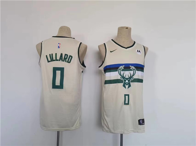 Men's Milwaukee Bucks #0 Damian Lillard Cream Stitched Basketball Jersey