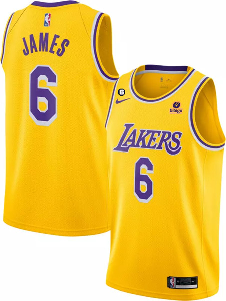 Men's Los Angeles Lakers Active Player Custom Yellow No.6 Patch Stitched Basketball Jersey