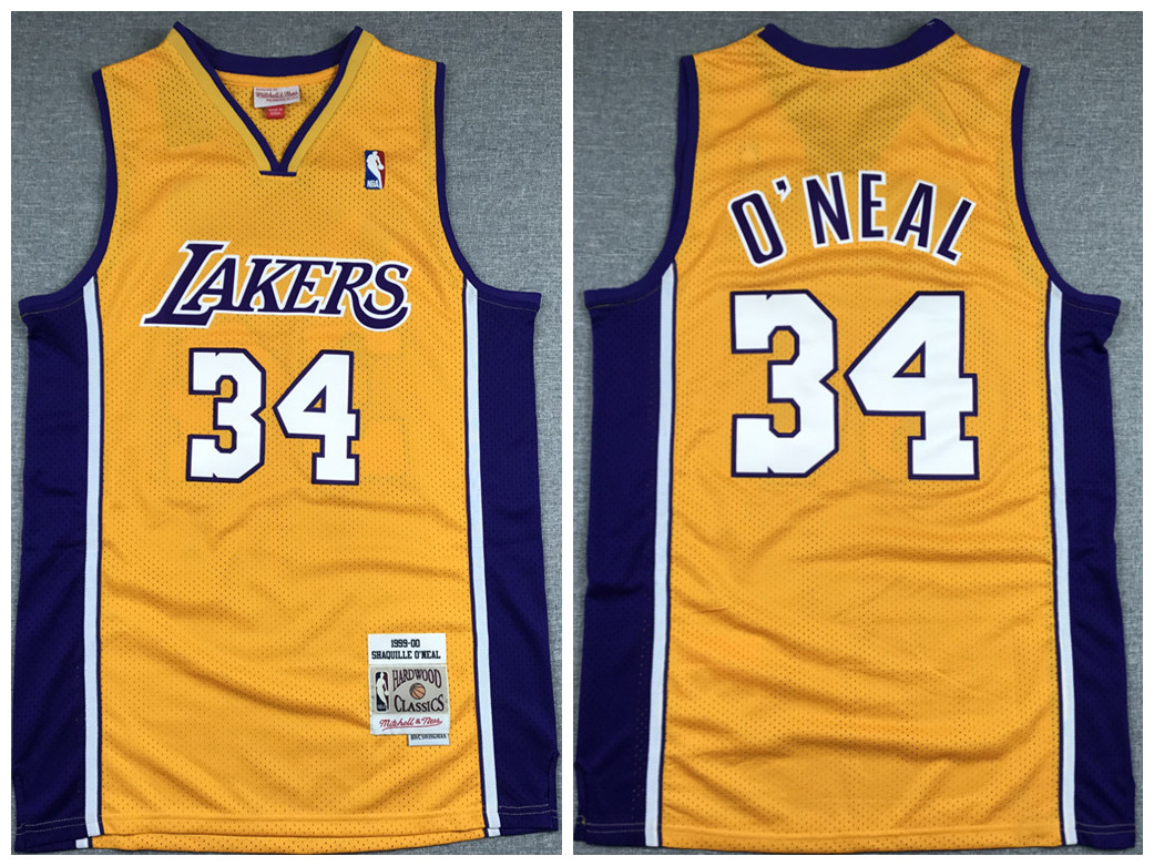 Men's Los Angeles Lakers #34 Shaquille O'Neal Gold 1999-00 Throwback Stitched Jersey