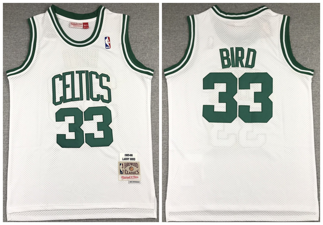 Men's Boston Celtics #33 Larry Bird 1985-86 White Throwback Stitched Jersey