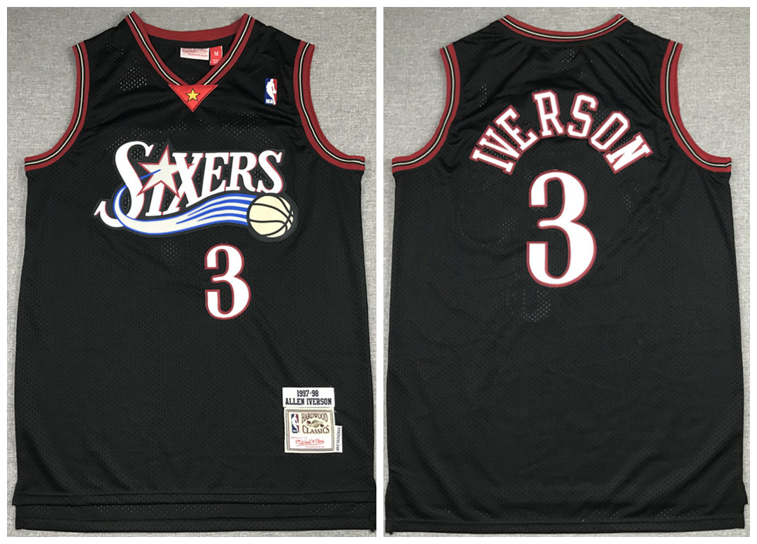 Men's Philadelphia 76ers #3 Allen Iverson 1997-98 Black Throwback Stitched Jersey
