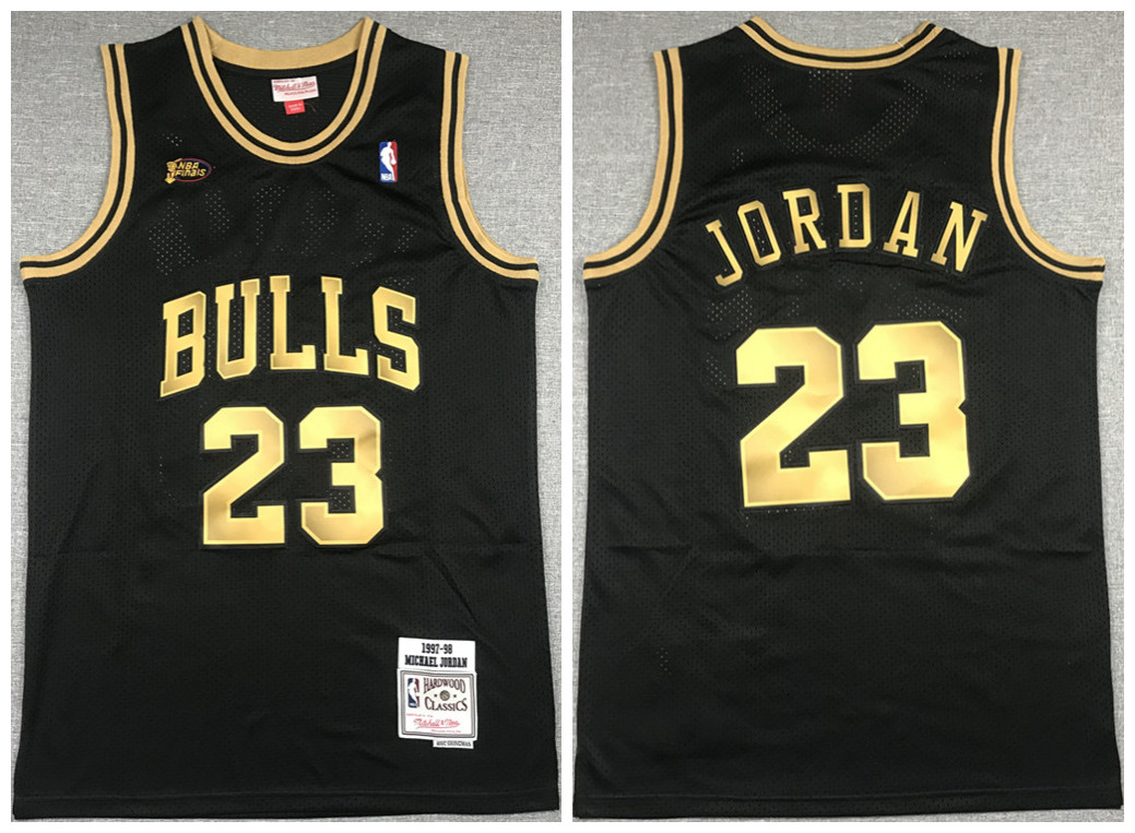 Men's Chicago Bulls #23 Michael Jordan 1997-98 Black Golden Throwback Stitched Jersey
