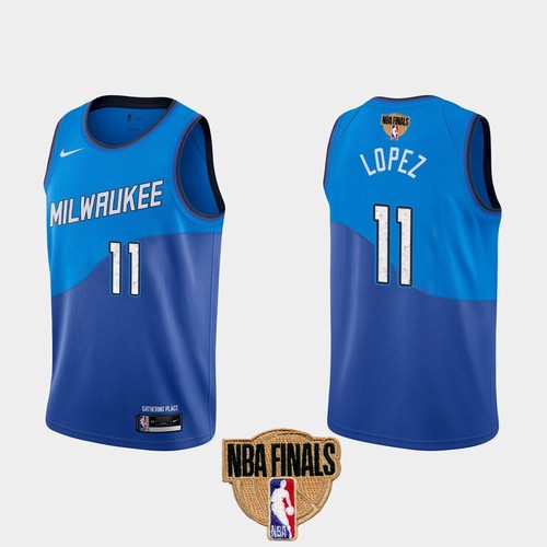 Men's Milwaukee Bucks #11 Brook Lopez 2021 NBA Finals Blue City Edition Stitched Jersey
