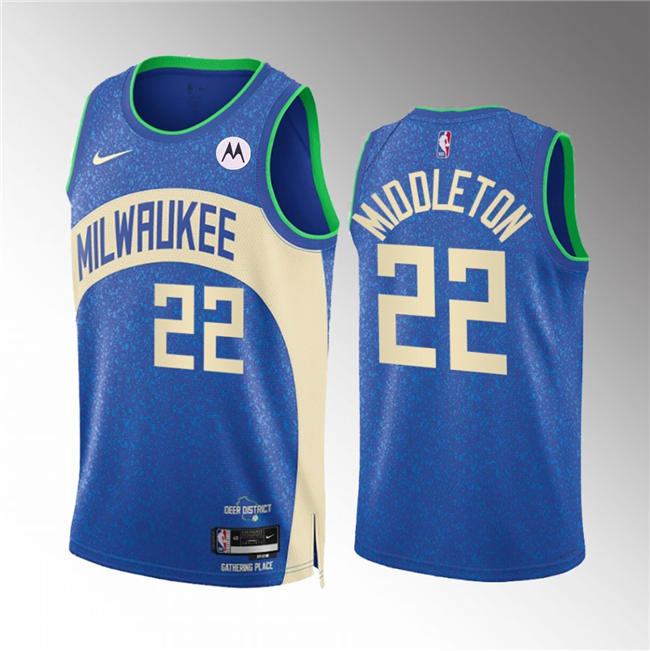 Men's Milwaukee Bucks #22 Khris Middleton 2023/24 Blue City Edition Stitched Basketball Jersey