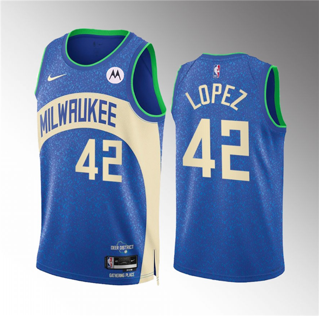 Men's Milwaukee Bucks #42 Robin Lopez 2023/24 Blue City Edition Stitched Basketball Jersey