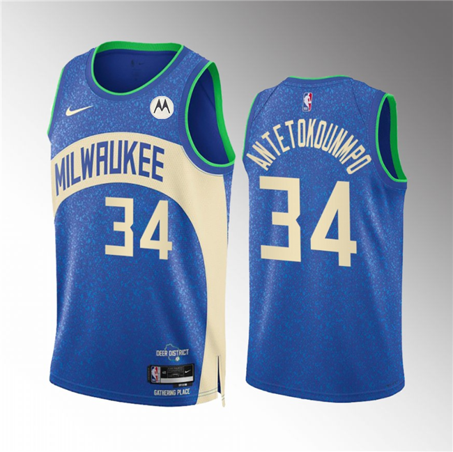 Men's Milwaukee Bucks #34 Giannis Antetokounmpo 2023/24 Blue City Edition Stitched Basketball Jersey
