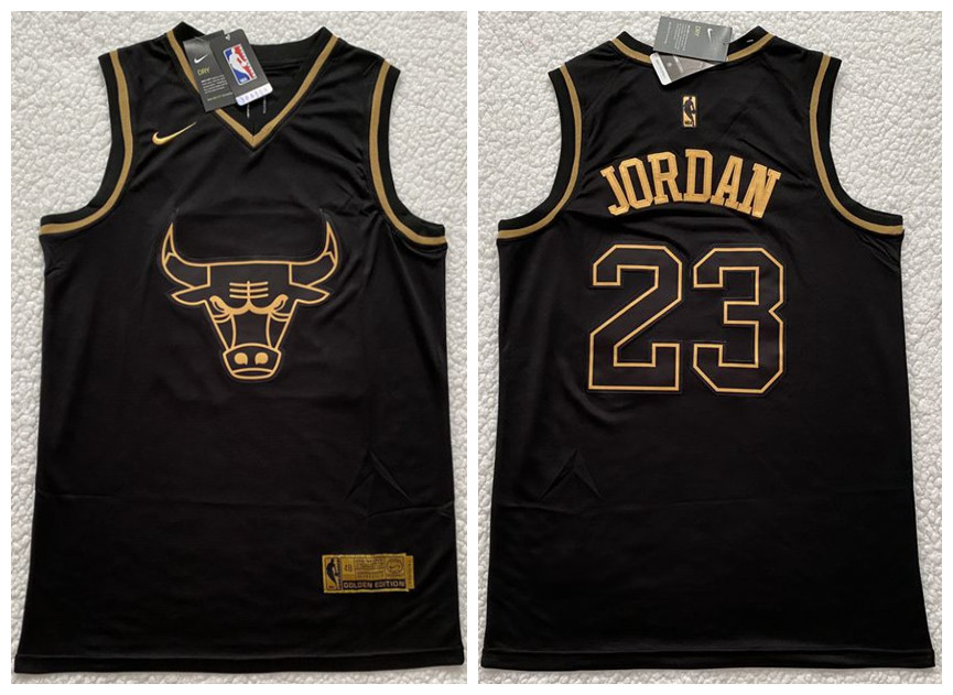 Men's Chicago Bulls #23 Michael Jordan Black Gold Edition Stitched Jersey