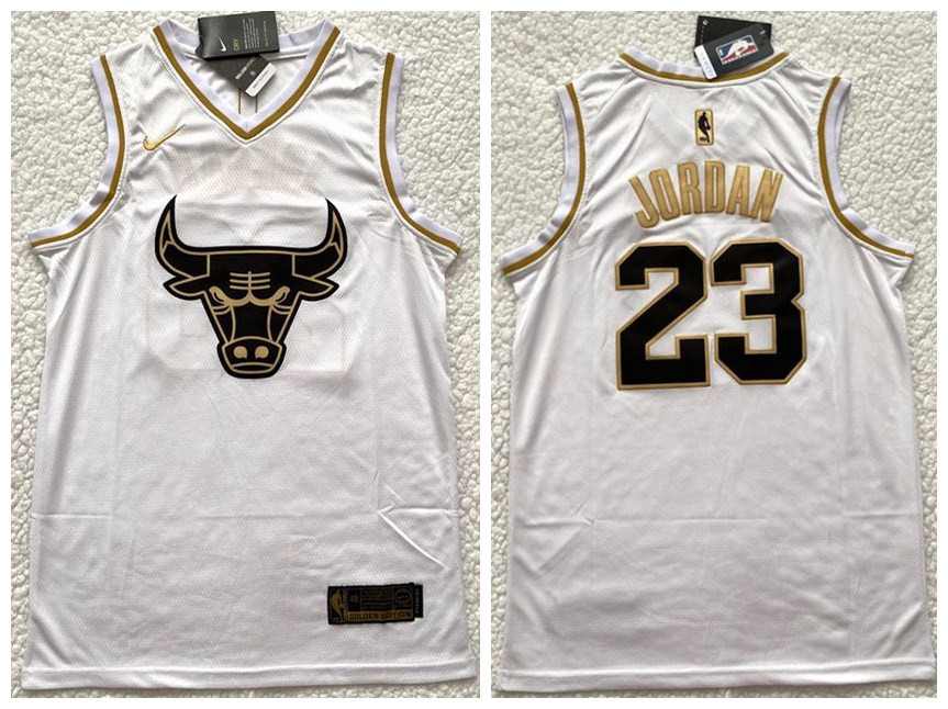 Men's Chicago Bulls #23 Michael Jordan White Gold Edition Stitched Jersey