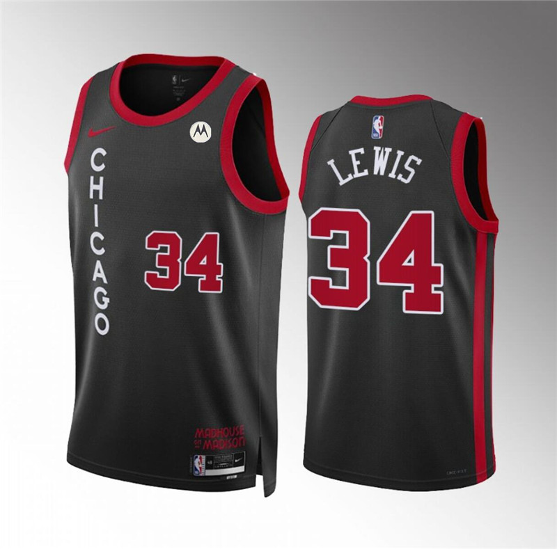 Men's Chicago Bulls #34 Justin Lewis Black 2023/24 City Edition Stitched Basketball Jersey