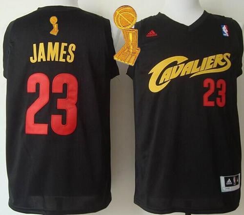 Cavaliers #23 LeBron James Black(Red No.) Fashion The Champions Patch Stitched NBA Jersey