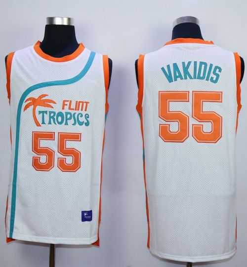 Flint Tropics #55 Vakidis White Semi-Pro Movie Stitched Basketball Jersey