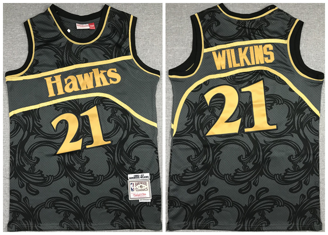 Men's Atlanta Hawks #21 Dominique Wilkins Black Throwback Stitched Jersey