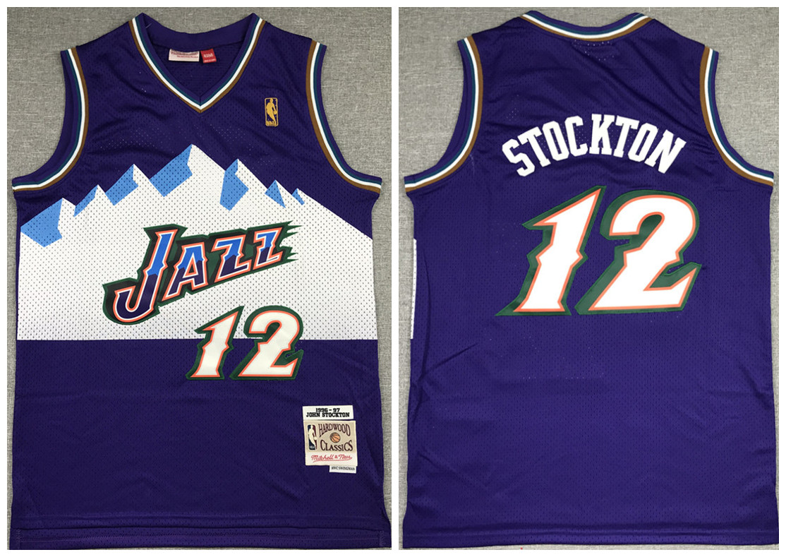 Men's Utah Jazz #12 John Stockton Purple Throwback Stitched Jersey