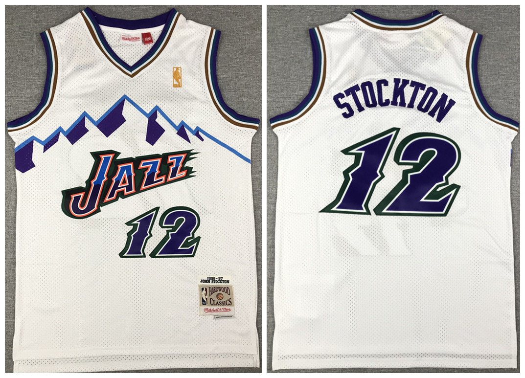 Men's Utah Jazz #12 John Stockton White Throwback Stitched Jersey