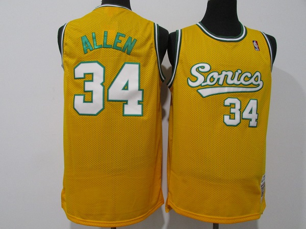 Men's Oklahoma City Thunder #34 Ray Allen Yellow Throwback SuperSonics Stitched Jersey