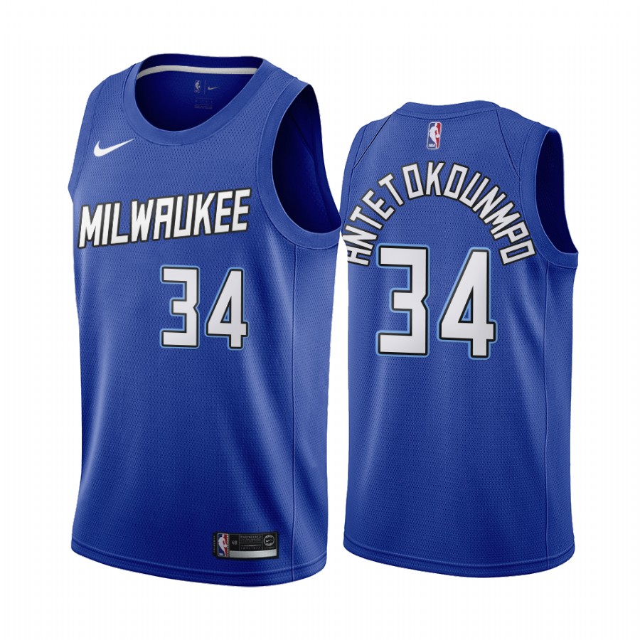 Men's Milwaukee Bucks #34 Giannis Antetokounmpo Blue City Edition Stitched Jersey