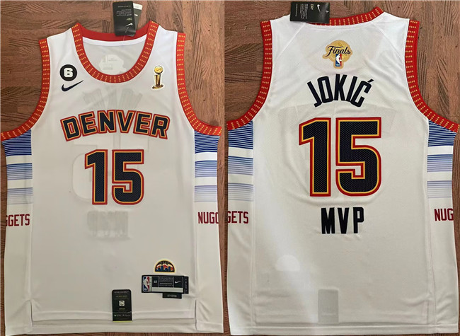 Men's Denver Nuggets #15 Nikola Jokic White 2023 Finals Champions MVP Statement Edition Stitched Basketball Jersey