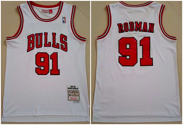 Men's Chicago Bulls #91 Dennis Rodman 1997-98 White Throwback Swingman Stitched Jersey