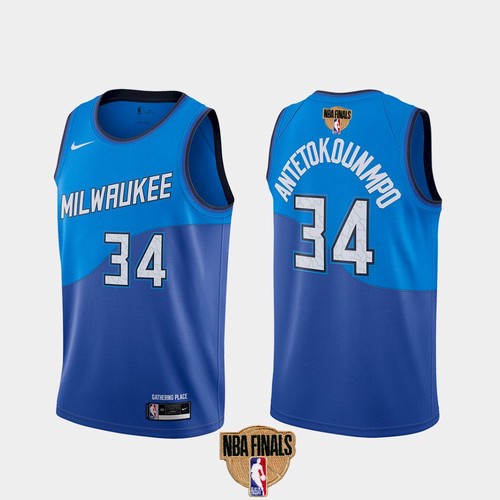 Men's Milwaukee Bucks #34 Giannis Antetokounmpo 2021 NBA Finals Blue City Edition Stitched Jersey