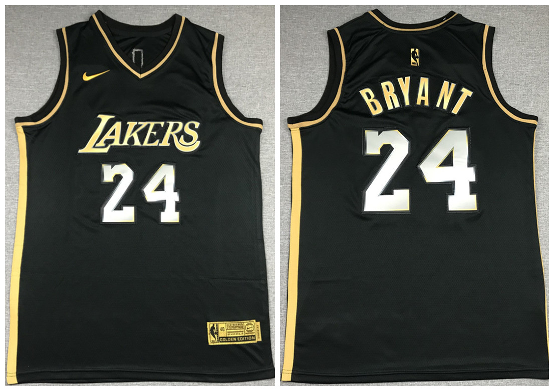 Men's Los Angeles Lakers #24 Kobe Bryant Black Gold Edition New Blue Silver Logo 2020-21 Stitched Jersey