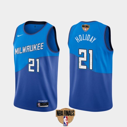 Men's Milwaukee Bucks #21 Jrue Holiday 2021 NBA Finals Blue City Edition Stitched Jersey