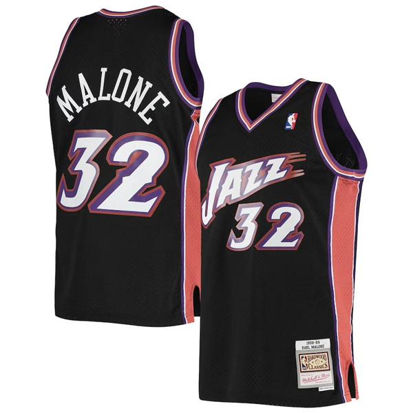 Men's Utah Jazz #32 Karl Malone Black 1998-99 Mitchell & Ness Swingman Stitched Jersey