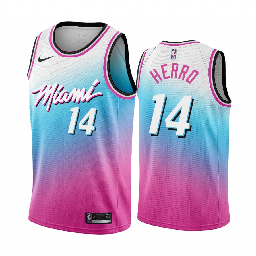 Men's Miami Heat #14 Tyler Herro Blue/Pink City Edition Stitched Jersey