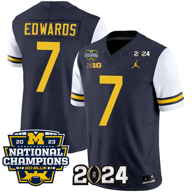 Men's Michigan Wolverines #7 Donovan Edwards Navy/White 2024 F.U.S.E. With 2023 National Champions Patch Stitched Jersey