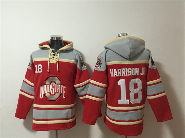 Men's Ohio State Buckeyes #18 Marvin Harrison JR. Red/GreyAgeless Must-Have Lace-Up Pullover Hoodie