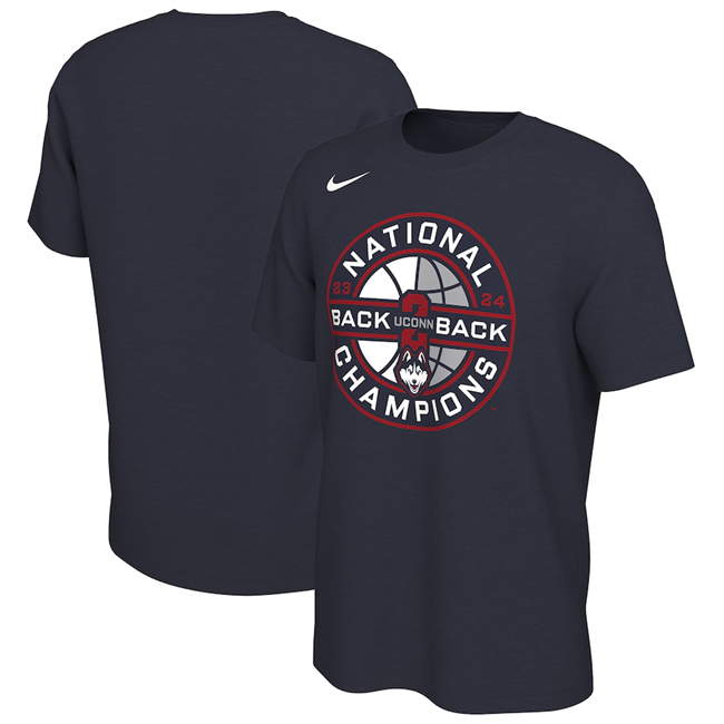 Men's UConn Huskies Navy 2024 Back-To-Back Basketball National Champions T-Shirt