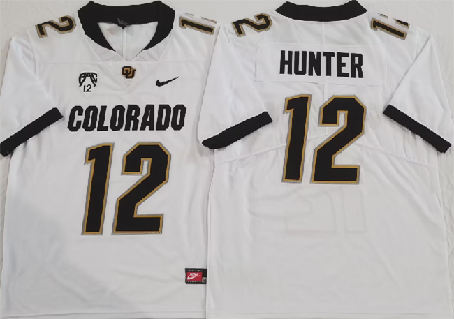 Men's Colorado Buffaloes #12 Travis Hunter White 2023 With PAC-12 Patch Stitched Football Jersey