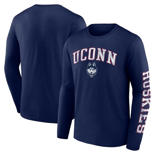 Men's UConn Huskies Navy 2024 Distressed Arch Over Logo Long Sleeve T-Shirt