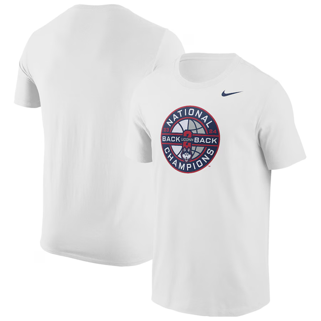 Men's UConn Huskies White Back-To-Back Basketball National Champions T-Shirt