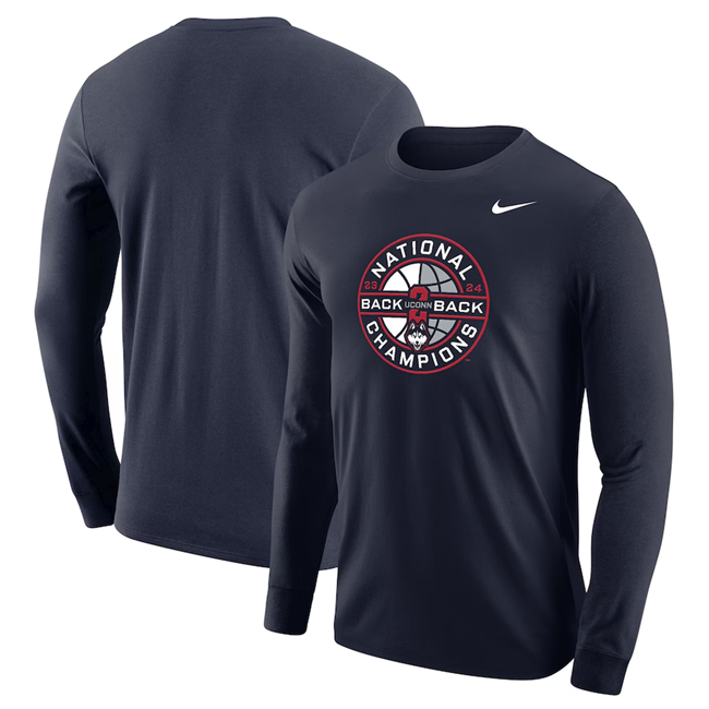 Men's UConn Huskies Navy 2024 Back-To-Back Basketball National Champions Long Sleeve T-Shirt