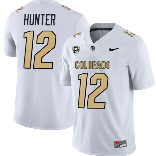 Men's Colorado Buffaloes #12 Travis Hunter White With PAC-12 Patch Stitched Football Jersey
