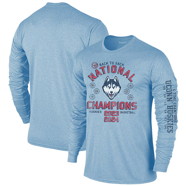 Men's UConn Huskies Light Blue 2024 Basketball National Champions Long Sleeve T-Shirt