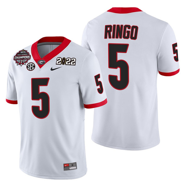 Men’s Georgia Bulldogs #5 Kelee Ringo 2021/22 CFP National Champions White College Football Stitched Jersey