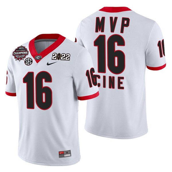 Men’s Georgia Bulldogs #16 Lewis Cine 2021/22 CFP National Champions MVP White College Football Stitched Jersey