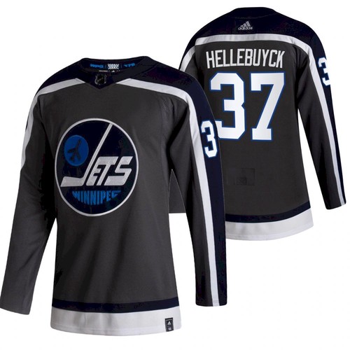 Men's Winnipeg Jets #37 Connor Hellebuyck 2021 Grey Reverse Retro Stitched Jersey
