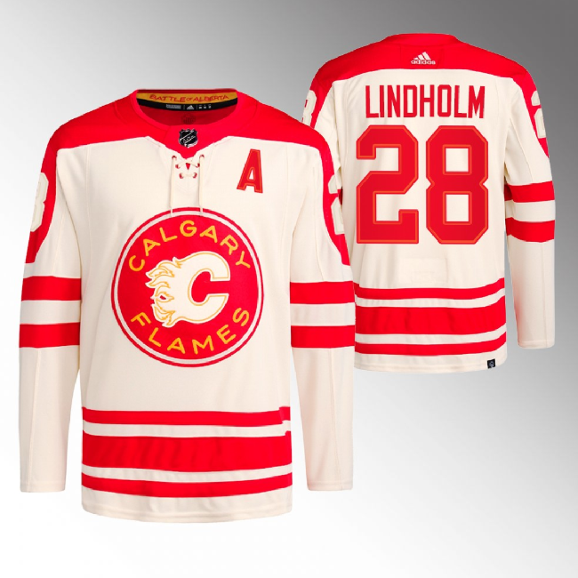 Men's Calgary Flames #28 Elias Lindholm 2023 Cream Heritage Classic Primegreen Stitched Jersey