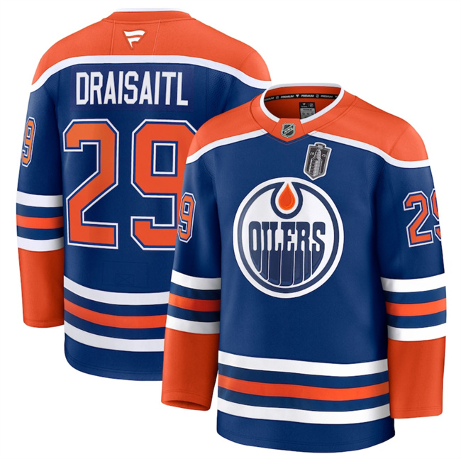 Men's Edmonton Oilers #29 Leon Draisaitl Royal 2025 Stanley Cup Final Patch Stitched Hockey Jersey