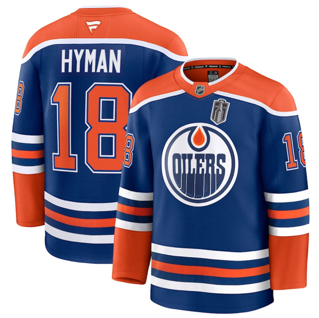 Men's Edmonton Oilers #18 Zach Hyman Royal 2025 Stanley Cup Final Patch Stitched Hockey Jersey