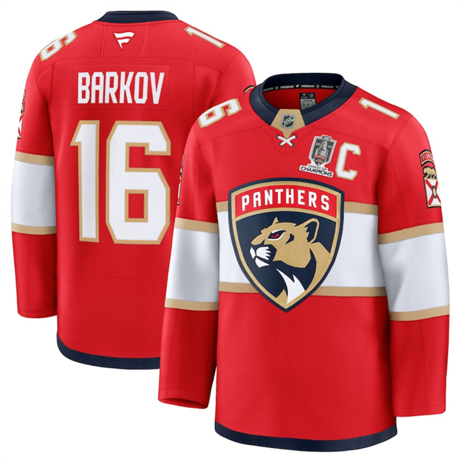 Men's Florida Panthers #16 Aleksander Barkov Red Home 2025 Stanley Cup Champions & C Patch Stitched Hockey Jersey