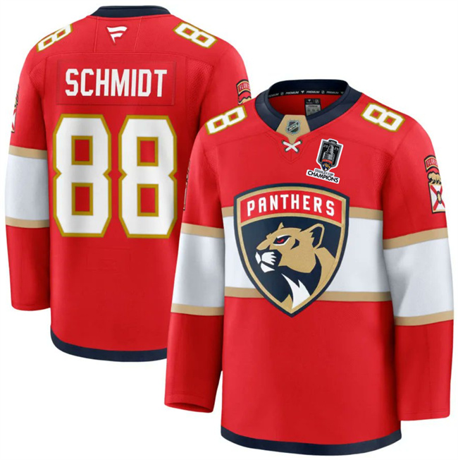 Men's Florida Panthers #88 Nate Schmidt Red Home 2025 Stanley Cup Champions Patch Stitched Hockey Jersey