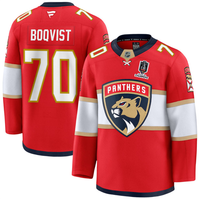 Men's Florida Panthers #70 Jesper Boqvist Red Home 2025 Stanley Cup Champions Patch Stitched Hockey Jersey