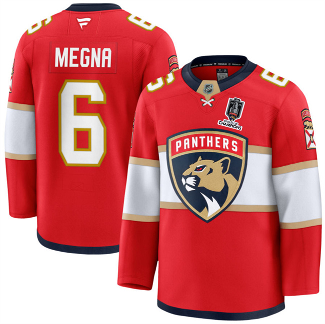 Men's Florida Panthers #6 Jaycob Megna Red Home 2025 Stanley Cup Champions Patch Stitched Hockey Jersey